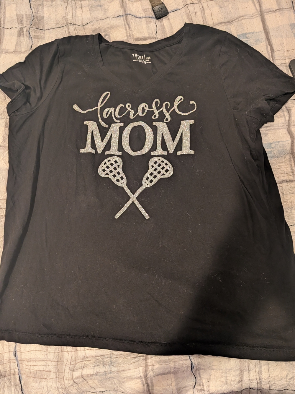 Time and Tru Black Tee with Silver Glitter Lacrosse Mom Graphic
